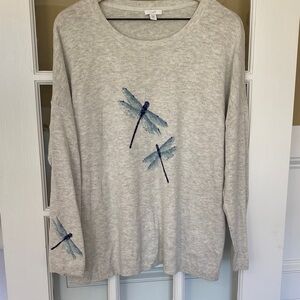 J. Jill Heather Gray Sweater with Blue Dragonfly Design